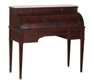 French Louis XVI Style Marble Top Walnut Cylinder Bureau, 20th c., H.- 41 1/2 in., W.- 43 1/4 in., (1 of 14)