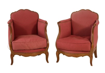 Pair of Louis XV Style Carved Beech Bergeres, 20th c., Each- H.- 32 in., W.- 25 in., D.- 25 in. (2