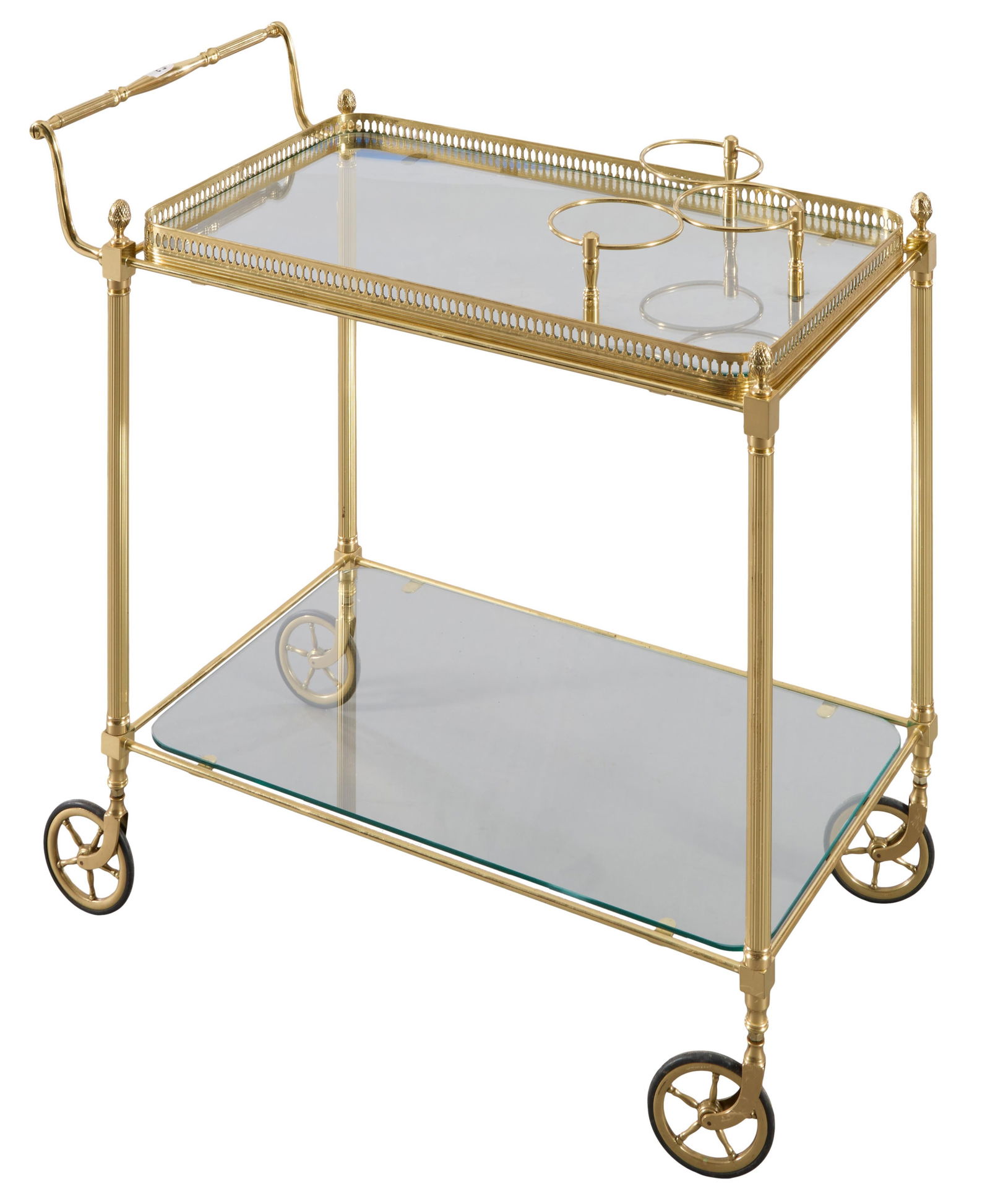 French Louis XVI Inspired Brass and Glass Dessert Cart, 20th c., H.- 28 1/2 in., W.- 29 1/2 in., D.-: French Louis XVI Inspired Brass and Glass Dessert Cart, 20th c., turned outswept brass handle, pierced brass gallery surrounds glass top, four finialed reeded legs, lower glass top stretcher shelf, fo