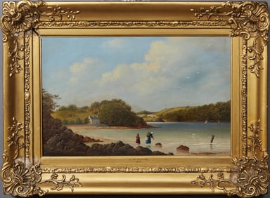 P.T. Good (English), "Mussel Gatherers in the River," 1879, H.- 11 in., W.- 17 1/2 in., Framed H.-