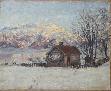 Attributed to Hans Andreas Dahl (1881-1919), "Cabin in the Snow," H.- 16 in., W.- 19 3/8 in.: †Attributed to Hans Andreas Dahl (1881-1919), "Cabin in the Snow," oil on canvas laid down on cardboard, signed lower right, unframed, H.- 16 in., W.- 19 3/8 in.