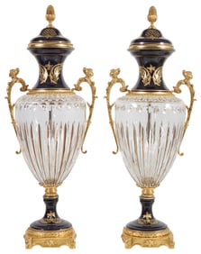 Pair of Cobalt Sevres Style Porcelain Crystal and Bronze Mounted Lidded Garniture Urns, 20th c., H.-