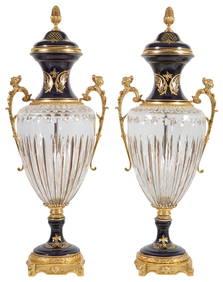 Pair of Cobalt Sevres Style Porcelain Crystal and Bronze Mounted Lidded Garniture Urns, 20th c., H.- (1 of 2)
