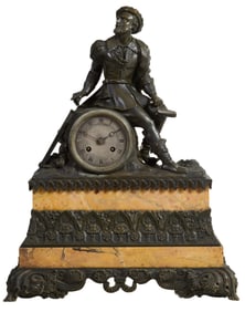 French Napoleon III Bronze and Sienna Marble Figural Mantel Clock, c. 1870, H.- 18 1/4 in., W.- 14