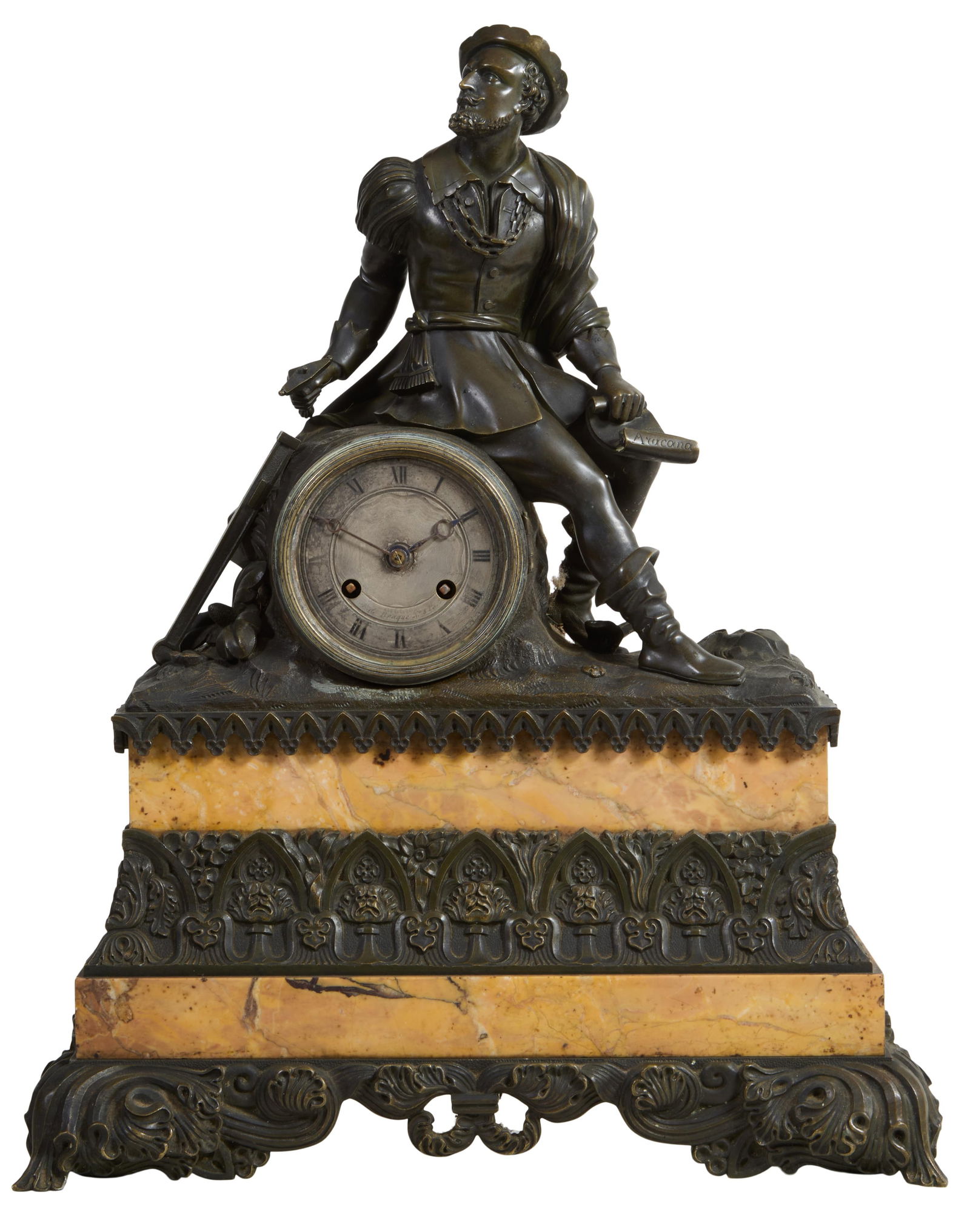French Napoleon III Bronze and Sienna Marble Figural Mantel Clock, c. 1870, H.- 18 1/4 in., W.- 14 (1 of 2)