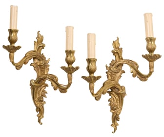 Pair of French Louis XV Bronze Two Light Sconces, 20th c., Each- H.- 15 1/2 in., W.- 9 3/8 in., D.-