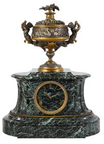 French Louis XV Style Highly Figured Black Marble and Bronze Mantel Clock, c. 1870, H.-18 1/2 in., (1 of 4)