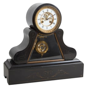French Napoleon III Black Marble Mantel Clock, c. 1870, H.- 16 3/8 in., W.- 17 in., D.- 6 in.