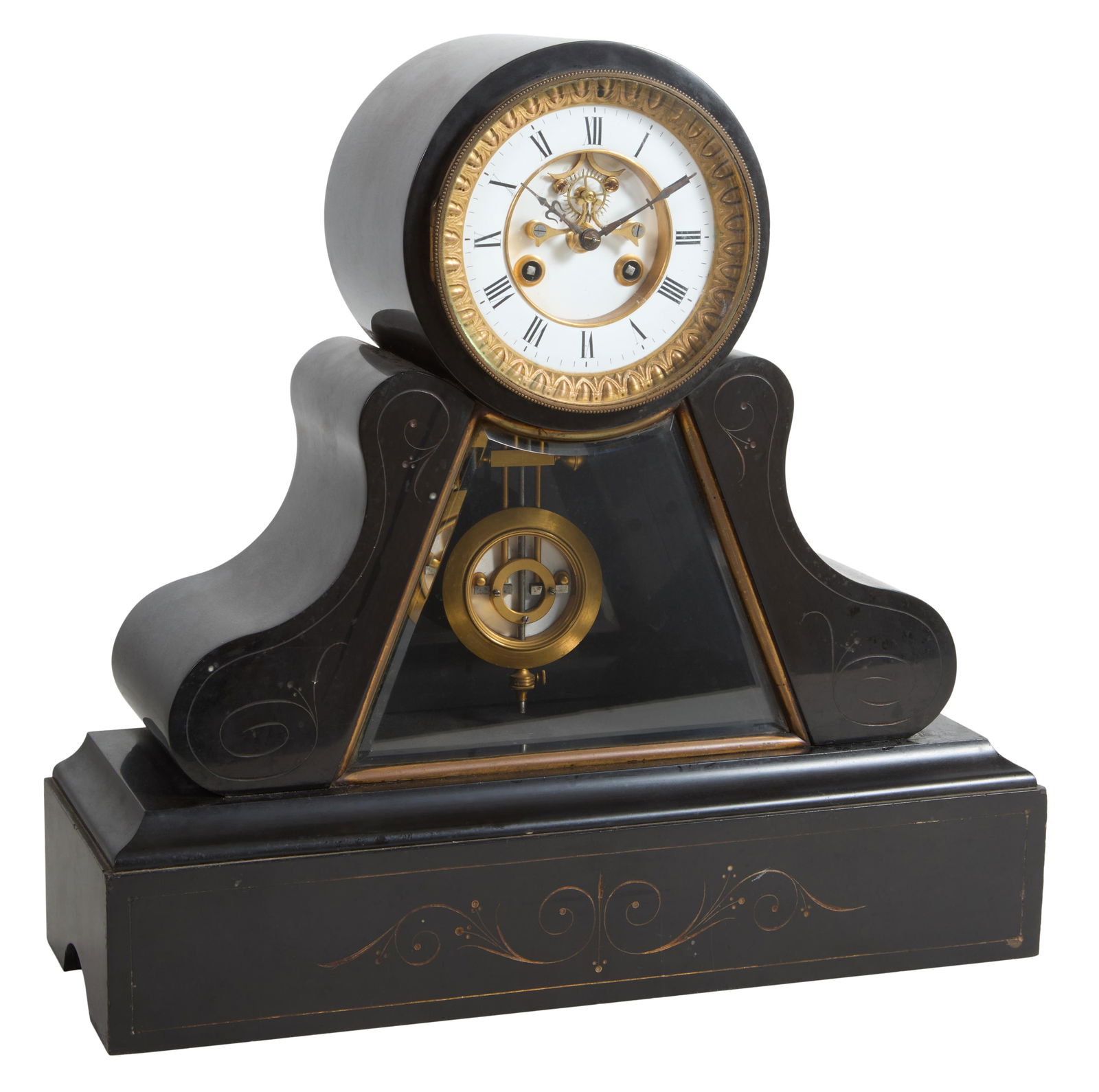 French Napoleon III Black Marble Mantel Clock, c. 1870, H.- 16 3/8 in., W.- 17 in., D.- 6 in.: French Napoleon III Black Marble Mantel Clock, c. 1870, by Edouard Serins, the open escapement time and strike drum clock on a tall base, with pendulum, H.- 16 3/8 in., W.- 17 in., D.- 6 in.