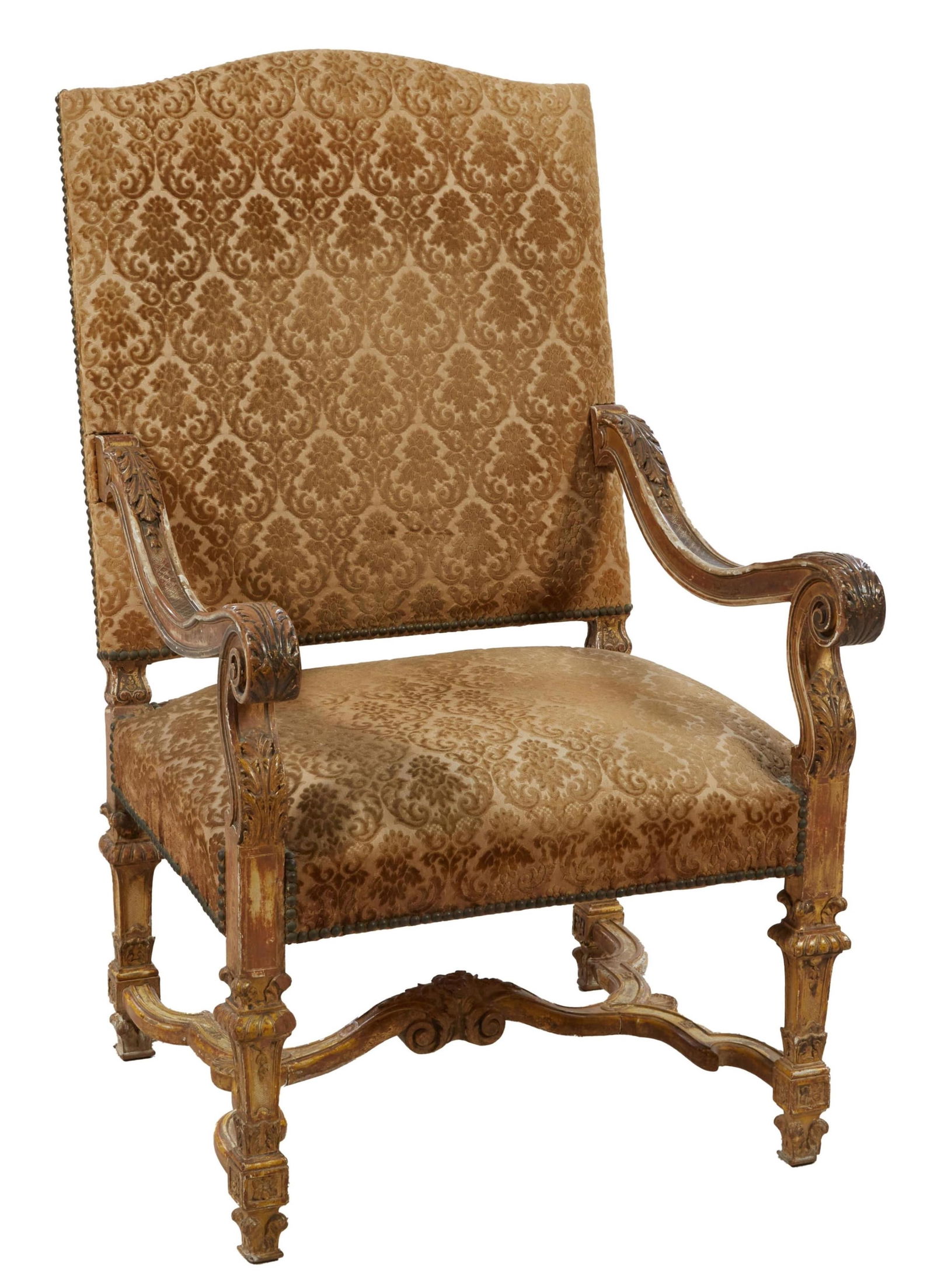 Louis XIV Style Giltwood Fauteuil, 19th c., H.- 43 in., W.- 26 in., D.- 26 in.: Louis XIV Style Giltwood Fauteuil, 19th c., the arched back over down swept acanthus carved arms, shaped stretcher, scrolled toes, cut velvet upholstery, H.- 43 in., W.- 26 in., D.- 26 in.