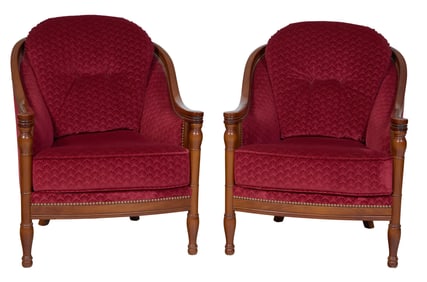 Pair of French Louis Philippe Inspired Cherry Bergeres, 20th c., Each- H.- 34 in., W.- 28 in., D.-