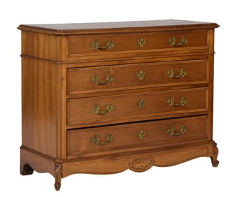 French Transitional Louis XV/XVI Style Marble Top Walnut Commode, 19th c., H.- 38 in., W.- 49 1/2