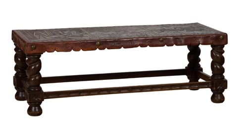 South American Scenic Leather Top Bench, 20th c., possibly Peru, H.- 18 1/2 in., W.- 51 in., D.- 20