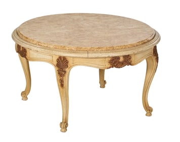 French Louis XV Style Marble Top Creme Peinte Low Table, 20th c., H.- 19 in., Dia. 33 in.