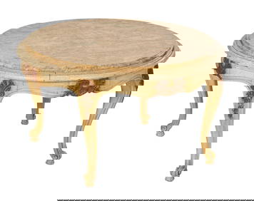 French Louis XV Style Marble Top Creme Peinte Low Table, 20th c., H.- 19 in., Dia. 33 in. (1 of 2)