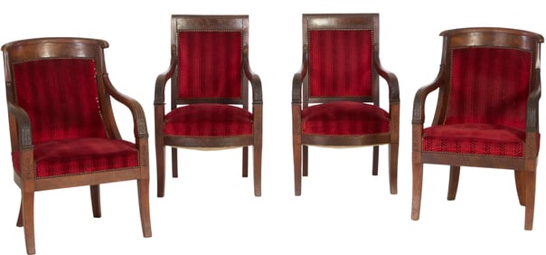 Group of Four Associated French Empire Walnut Fauteuils, mid 19th c., Each- H.- 36 in., W.- 23 in.,