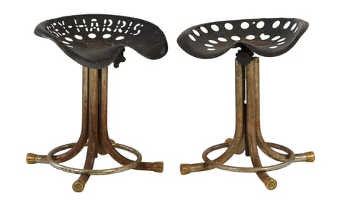 Pair of Steampunk Tractor Stools, 20th c., H.- 20 1/2 in., W.- 15 in., D.- 15 in. (2 Pcs.)