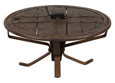Continental Iron and Wood Wagon Wheel Coffee Table, 18th/19th c., H.- 16 in., Dia.- 33 in.