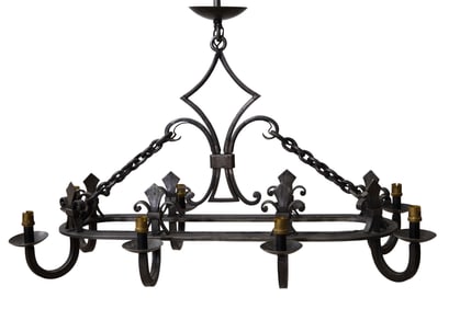 Unusual French Provincial Eight Light Wrought Iron Chandelier, early 20th c., Chandelier- H.- 8 1/4