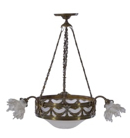 French Bronze and Cut Glass Three Light Chandelier, early 20th c., H.- 8 in., Dia.- 27 in.