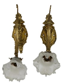 Pair of French Gilt Bronze Single Light Sconces, 20th c., Each- H.- 16 in., W.- 3 3/4 in., D.- 13