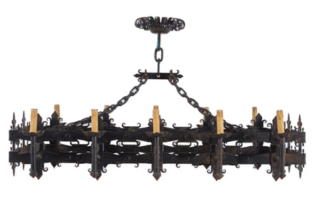 Renaissance Revival Wrought Iron Chandelier, 20th c., H.- 29 in., W.- 48 in., D.- 31 in.