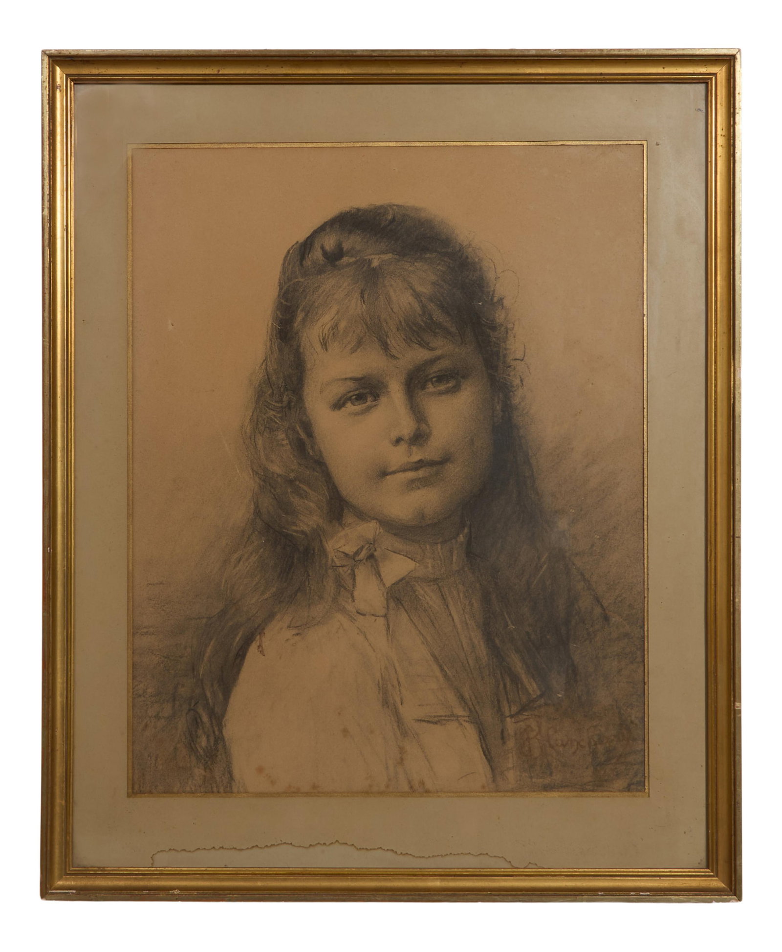 French School, "Portrait of a Girl," c., 1900, Sight- H.- 17 3/4 in., W.- 14 in., Framed- H.- 23 3/8: French School, "Portrait of a Girl," c., 1900, charcoal on paper, signed "Blanchard" lower right, "Devillers, Paris" framers label on frame backing, presented in a giltwood frame, Sight- H.- 17 3/4 in