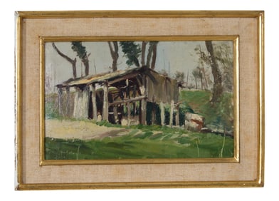 French/Continental School, "Landscape with Dilapidated Stable," 20th c., H.- 7 5/8 in., W.- 11 3/4