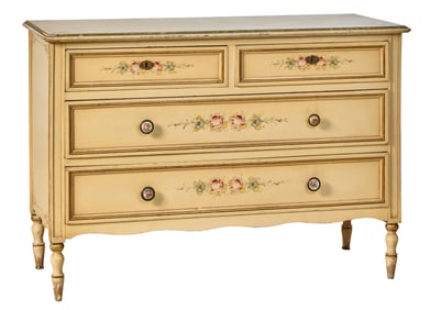 French Louis XVI Style Creme Peinte Commode, 20th c., H.- 27 3/4 in., W.- 40 in., D.- 17 in.