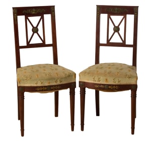 Pair of French Empire Style Ormolu Mounted Walnut Side Chairs, 19th c., Each- H.- 35 in., W.- 17
