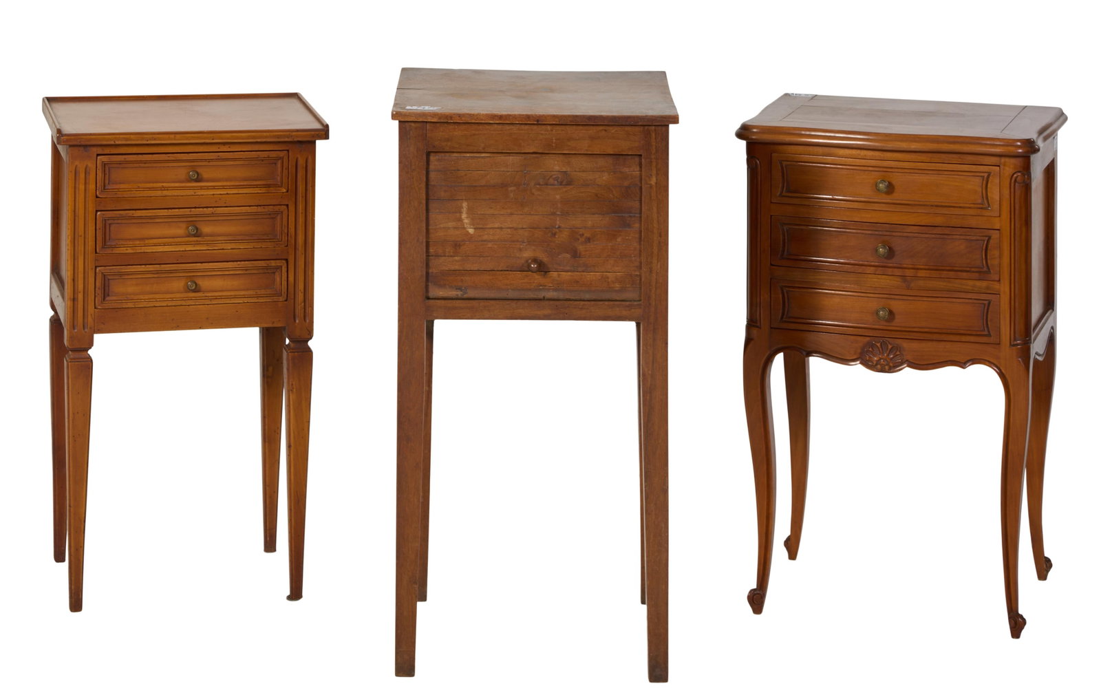 Group of Three French Nightstands, 19th and 20th c., tambour: H.- 29 1/4 in., W.- 15 in., D.- 15 in.: Group of Three French Nightstands, 19th and 20th c., the tallest with a tambour front and tapered legs, two other examples with three drawers, tambour: H.- 29 1/4 in., W.- 15 in., D.- 15 in. (3 Pcs.)