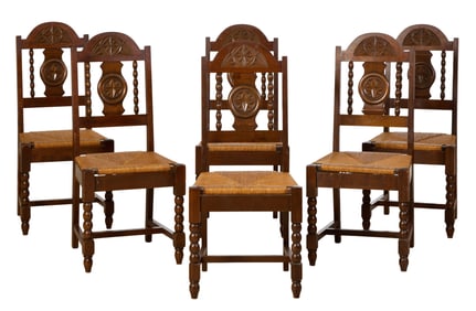 Set of Six French Basque Style Dining Chairs, 20th c., Each- H.- 40 in., W.- 18 1/4 in., D.- 19 in.