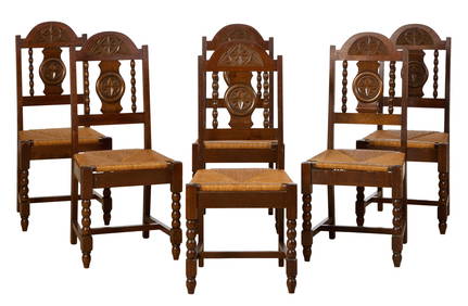 Set of Six French Basque Style Dining Chairs, 20th c., Each- H.- 40 in., W.- 18 1/4 in., D.- 19 in. (1 of 2)