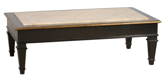 Nancy Corzine Marble Top Black Lacquered Low Table, 20th c., H.- 18 in., W.- 54 in., D.- 30 in.