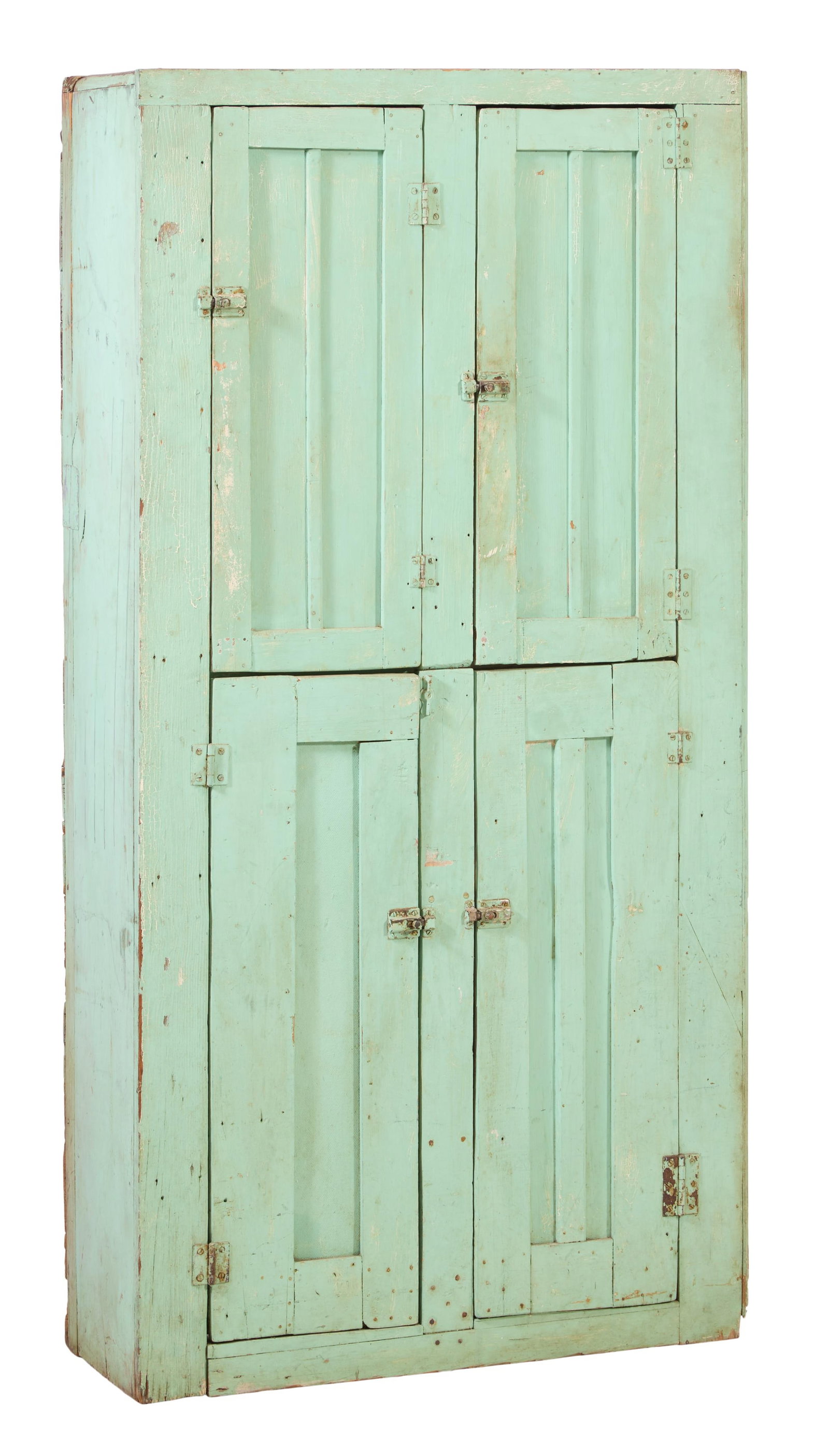 Antique American Polychromed Cupboard, late 19th c., H.- 65 in., W.- 33 in., D.- 12 in.: Antique American Polychromed Cupboard, late 19th c., the the flat topped rectangular case with two sets of two doors, surface hinges and latches, H.- 65 in., W.- 33 in., D.- 12 in.