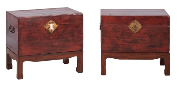 Pair of Small Chinese Red Lacquer Chests on Stands, 20th c., H.- 21 1/2 in., W.- 24 3/4 in., D.- 16