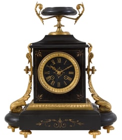 Napoleon III Black Marble ad Gilt Bronze Mantel Clock, circa 1870, H.- 15 in., W.- 13 in., D.- 6 in.