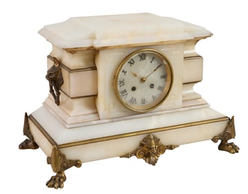 Napoleon III White Marble and Bronze Mantel Clock, c. 1870, H.- 9 3/4 in., W.- 15 1/2 in., D.- 8 1/2