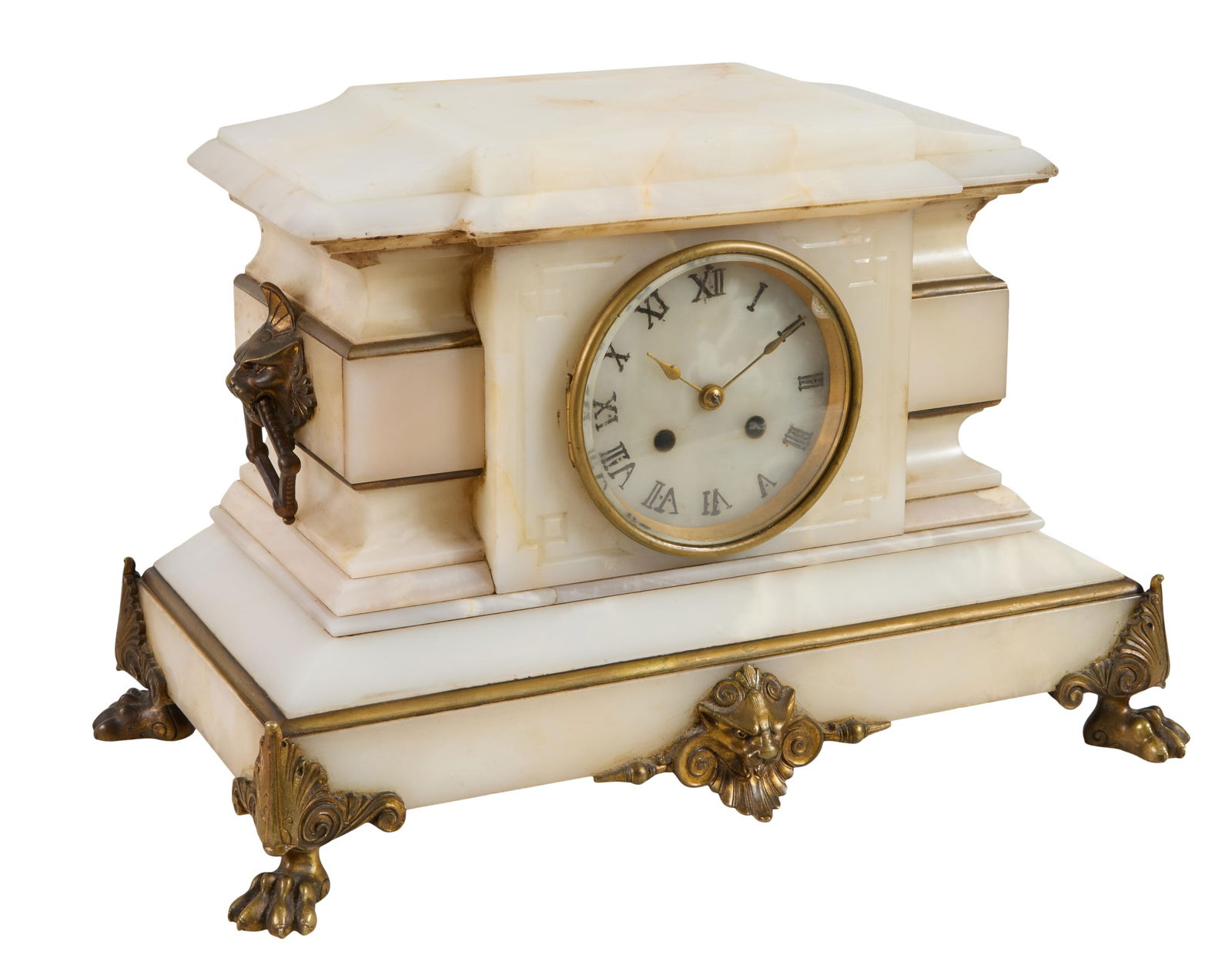 Napoleon III White Marble and Bronze Mantel Clock, c. 1870, H.- 9 3/4 in., W.- 15 1/2 in., D.- 8 1/2: Napoleon III White Marble and Bronze Mantel Clock, c. 1870, by Sandoz, the architectural clock with a platform top, over a time and strike drum clock, on a stepped base on bronzed paw feet. H.- 9 3/4
