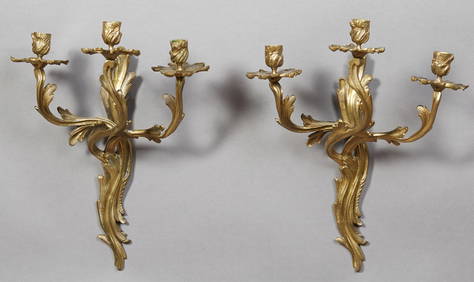 Pair of French Louis XV Style Three Light Sconces, 20th c., Each- H.- 18 in., W.- 13 in., D.- 7 in. (1 of 1)