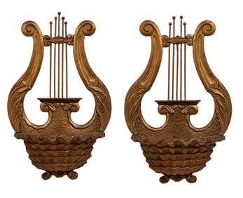 Pair of Italian Inspired Giltwood Musical Motif Wall Pockets, 20th c., H.- 21 1/2 in., W.- 13 1/2