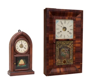 Two American Mahogany Eglomise Mantel Clocks, mid 19th c., Rounded- H.- 19 in., W.- 11 3/8 in., D.-