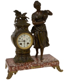 French Patinated Spelter and Rouge Marble Figural Mantel Clock, late 19th c., H.- 16 in., W.- 13