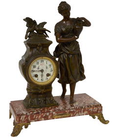 French Patinated Spelter and Rouge Marble Figural Mantel Clock, late 19th c., H.- 16 in., W.- 13 (1 of 2)