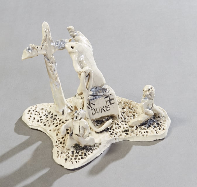 Steele Burden (American/Louisiana, 1900-1995), "David Duke, KKK Rally," H.- 4 in., W.- 6 3/4 in.,: † Steele Burden (American/Louisiana, 1900-1995), "David Duke, KKK Rally," clay figure, signed "SB" at the top rear center of the base, H.- 4 in., W.- 6 3/4 in., D.- 4 7/8 in.