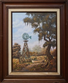 Southern School, "Southern Landscape with Windmill, Live Oak Tree, Cacti and Brush," 20th c., H.- 16
