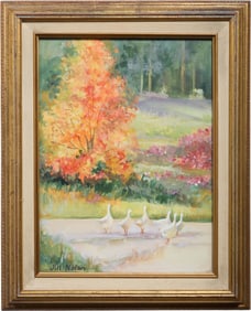 Jill Nolan (American, 20th Century), "Geese in the Park," H.- 15 1/2 in., W.- 11 1/2 in., Framed-