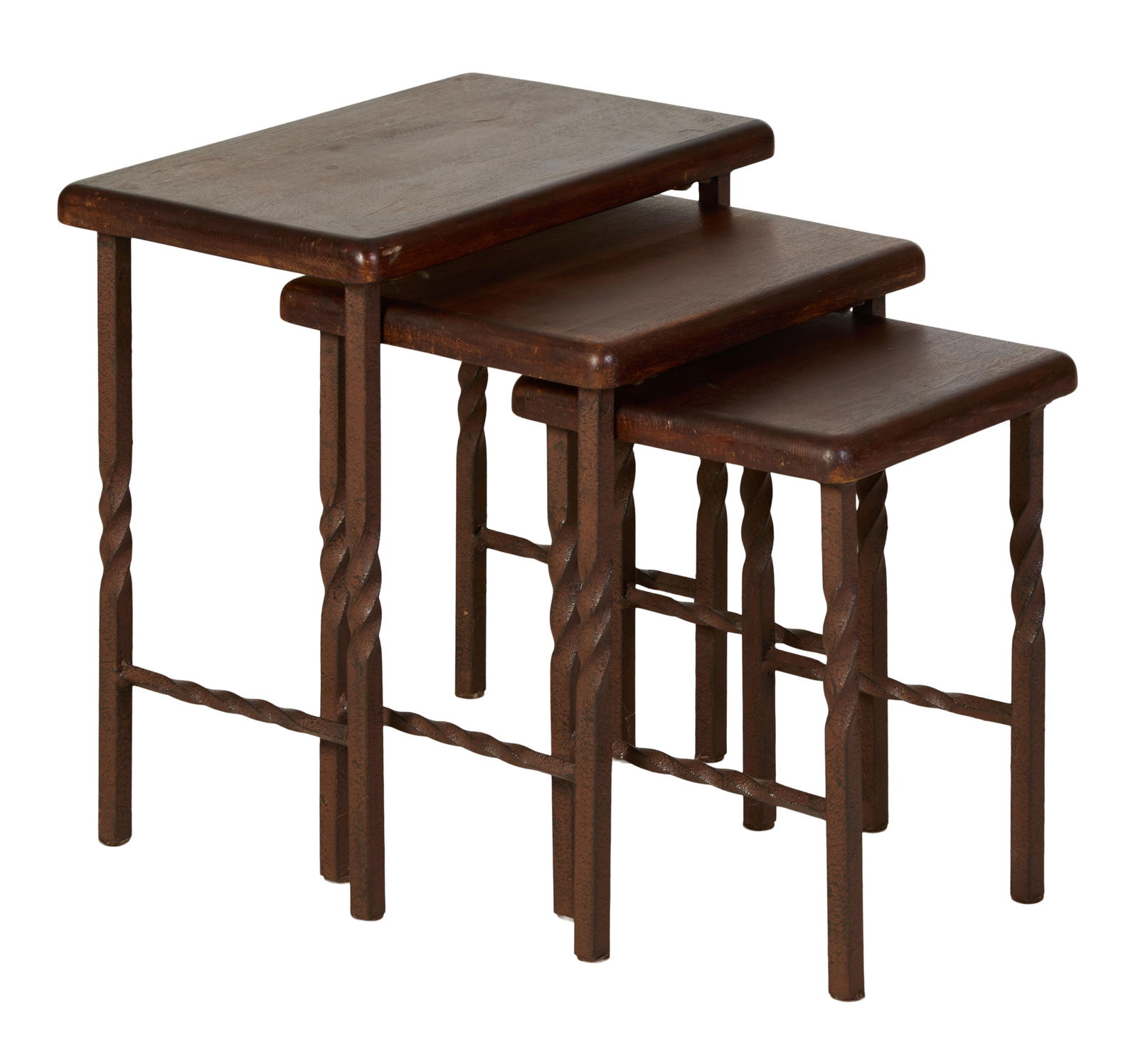 Group of Three Iron and Wood Nesting Tables, 20th c., Tallest- H.- 20 1/2 in., W.- 21 in., D.- 13 (1 of 3)