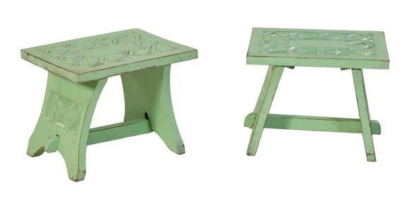 French Arts and Crafts Polychromed Foot Stools, 20th c., H.- 11 in., W.- 14 in., D.- 10 1/2 in. (2