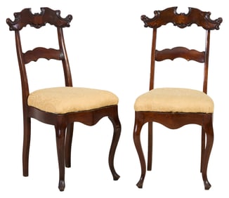 Pair of French Rococo Style Walnut Side Chairs, 20th c., H.- 37 in., W.- 17 in., D.- 17 in.